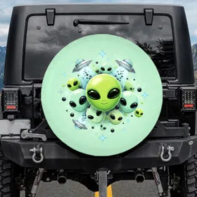 Green Alien Heads Silver Flying Saucers - Everyday Travel Adventure Gift Spare Tire Cover