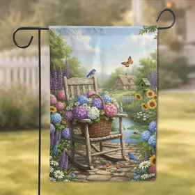 Rustic Rocking Chair Garden Bluebirds Hydrangeas Cottage Scene - Garden Lover Gift Garden Flag