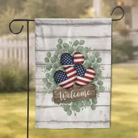 American Flag Hearts Welcome Sign Eucalyptus - Patriotic Home Decor Gift Garden Flag