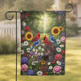 Red Cardinals Blue Birds Garden Mailbox Daisies Sunflowers - Home Decor Gift Garden Flag