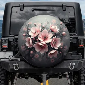 Blush Pink Flowers Dark Grey Swirls - Auto Accessory Home Decor Gift Spare Tire Cover