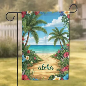 Vibrant Tropical Beach Aloha Palm Tree Hibiscus Plumeria - Island Home Decor Gift Garden Flag