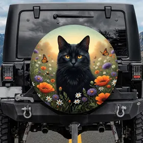 Amber Eye Black Cat Poppy Aster Meadow Nature Lover Gift for Cat Lover Spare Tire Cover