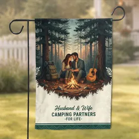 Husband Wife Campfire Forest Scene - Outdoor Lover Home Decor Gift for Couples Garden Flag