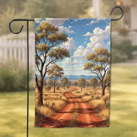Red Dirt Track Bushland Clear Sky Cumulus Clouds - Expansive Landscape Home Decor Gift Garden Flag