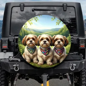 Three Fluffy Shih Tzu Dogs Colorful Bandanas Outdoor Landscape - Pet Lover Gift Spare Tire Cover