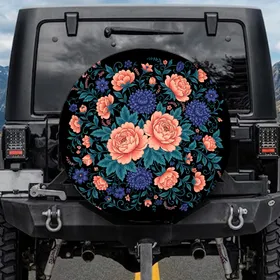 Lush Coral Peach Purplish Blue Chrysanthemum Floral Arrangement - Classic Elegance Gift Spare Tire Cover