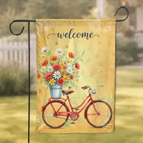 Vintage Red Bicycle Flower Basket Welcome Sign - Spring Summer Entryway Decor Garden Flag