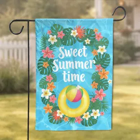Sweet Summer Time Life Ring Beach Ball Tropical Foliage - Summer Decor Gift Garden Flag
