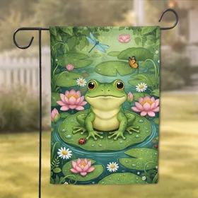 Big-Eyed Frog Lily Pad Lotus Ladybug Dragonfly Butterfly - Home Decor Gift Garden Flag