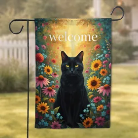 Black Cat Sunflowers Coneflowers Welcome - Lush Garden Home Decor Gift for Cat Lovers Garden Flag