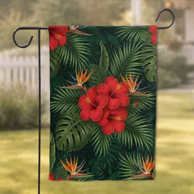 Red Hibiscus Tropical Flowers Bird of Paradise Monstera Palm Jungle Leaves - Home Decor Gift Garden Flag