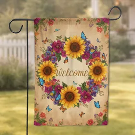 Welcome Script Sunflower Wreath Assorted Flowers Butterflies - Home Decor Gift Garden Flag
