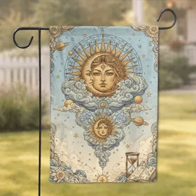Golden Sun Crescent Moon Astrological Sky - Mystical Hourglass Book Home Decor Gift Garden Flag