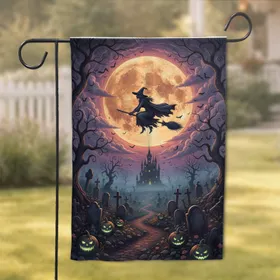 Silhouetted Witch Broom Harvest Moon Haunted Graveyard Castle - Halloween Decor Garden Flag