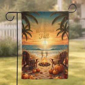 Welcome Fall Adirondack Chairs Bonfire Pumpkins Beach Sunset Autumn Decor Garden Flag
