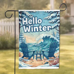 Hello Winter Adirondack Chairs Ocean Wave Pine Trees - Winter Home Decor Gift Garden Flag