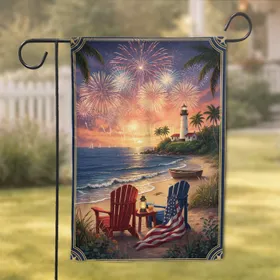Adirondack Chairs American Flag Beach Lighthouse Fireworks - Patriotic Celebration Garden Flag