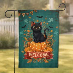 Black Cat Pumpkin Welcome Banner Halloween Decor - Autumn Season Cat Lover Gift Garden Flag