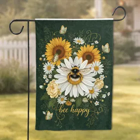 Fluffy Bumblebee Daisy Sunflowers Butterflies - Bee Happy Garden Decor Gift Garden Flag