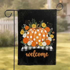 Polka Dot Pumpkin Welcome Script Gingham Tablecloth Autumn Flowers - Fall Home Decor Gift Garden Flag