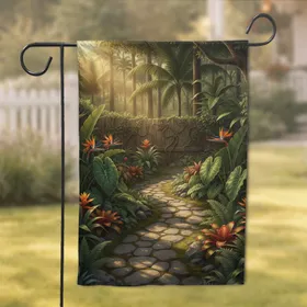 Tropical Garden Winding Stone Pathway Bird of Paradise Flowers - Home Decor Gift Garden Flag