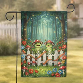 Cartoon Frogs Mushroom Caps Picket Fence Garden - Nature Lover Home Decor Gift Garden Flag