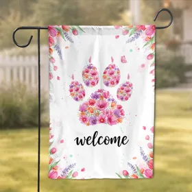 Paw Print Floral Welcome Calligraphy Butterflies - Spring Home Decor Gift Garden Flag
