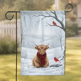 Baby Highland Cow Red Cardinals Snowy Winter Scene - Wildlife Lover Home Decor Gift Garden Flag