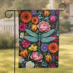 Iridescent Dragonfly Orange Gerbera Blooming Garden - Home Decor Gift for Garden Lover Garden Flag