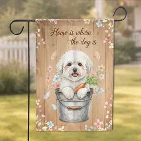 White Dog Carrot 'Home is where the dog is' Floral Butterflies - Home Decor Gift for Dog Lover Garden Flag