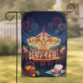 Carnival Carousel Fireworks Night Sky with Fruit Basket - Celebration Home Decor Gift Garden Flag