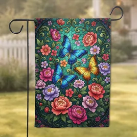 Stained Glass Butterfly Peony Blooms - Home Decor Gift for Nature Lovers Garden Flag