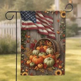 Weathered American Flag Rustic Autumn Pumpkins Gourds - Home Decor Gift Garden Flag