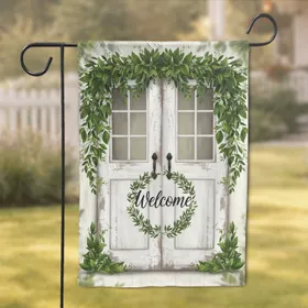 Welcome Barn Door Laurel Wreath Botanical - Farmhouse Home Decor Gift Garden Flag