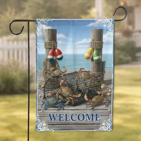 Lively Blue Crabs Crab Trap Welcome Pier Dock Fishing Buoys Scene - Coastal Home Decor Gift Garden Flag
