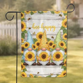 Garden Gnomes Sunflowers 'Bee Happy' Rustic Wood Home Decor Gift Garden Flag