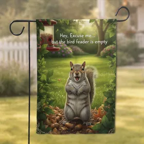 Grinning Squirrel Pleading 'Bird Feeder Empty' Garden Scene - Wildlife Lover Home Decor Garden Flag