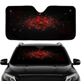 Ethereal Glow Red Butterfly Swarm Deep Black Background For Travel Car Interior Upgrade Car Sunshade