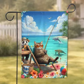 Tabby Cat Fishing Beach Chair Ocean Tropical Flowers - Tropical Decor Gift for Cat Lover Garden Flag