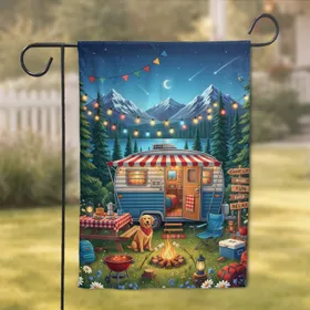 Vintage Camper Dog Campfire Lake Mountains - Outdoor Adventure Home Decor Garden Flag