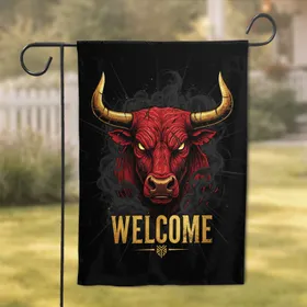 Red Fur Bull Head Golden Horns Welcome Sign - Distinctive Wildlife Home Decor Gift Garden Flag