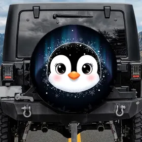 Wide-Eyed Cartoon Penguin Face, Snowflakes & Ice Crystals, Aurora Sky - Winter Lover Gift Spare Tire Cover