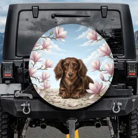 Dachshund Dog Magnolia Tree Flowers - Dog Lover Home Decor Gift Spare Tire Cover