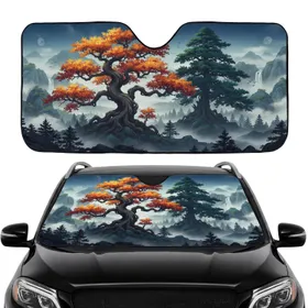 Autumn Evergreen Ancient Trees Misty Mountain Landscape - Car Interior Upgrade Car Sunshade