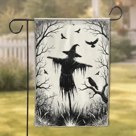 Imposing Tattered Scarecrow Crows Bare Trees Spiderweb - Gothic Home Decor Gift Garden Flag
