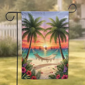 Palm Trees Hammock Beach Sunset - Tropical Home Decor Gift for Beach Lover Garden Flag