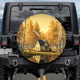 Serene Village Golden Hour Birch Tree House Pond - Home Decor Gift Spare Tire Cover