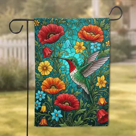 Ruby-throated Hummingbird Poppy Bellflower - Wildlife Home Decor Gift Garden Flag