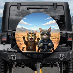 Two Feline Adventurers Driving Desert Mountains - Adventure Lover Cat Gift Spare Tire Cover